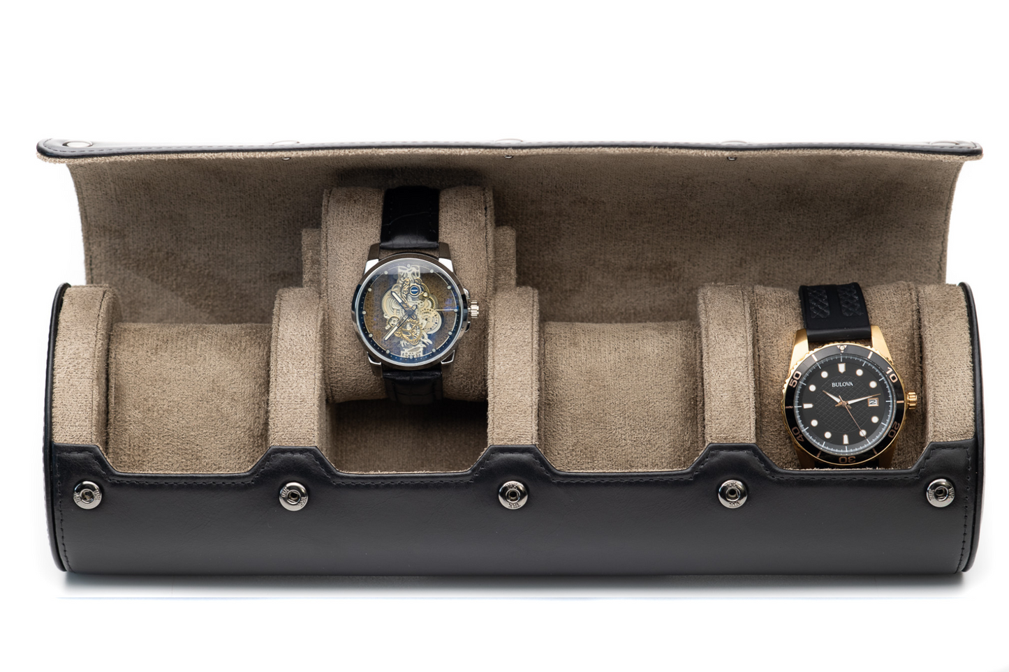 Luxury 4 watch roll in sable black full-grain leather with suede interior and sliding watch cushions for Rolex, Omega, Tudor, Seiko, and luxury watches.