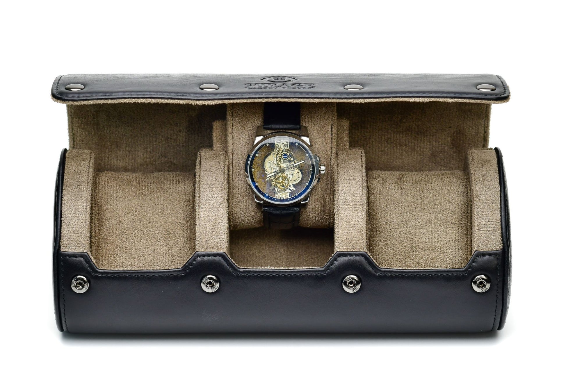 Luxury 3 watch roll in sable black Saffiano leather with suede interior and sliding watch cushions for Rolex, Omega, Tudor, Seiko, and luxury watches.