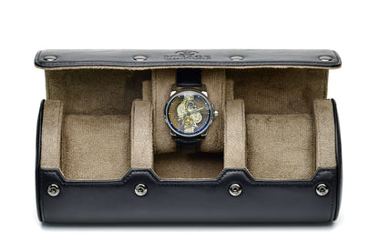 Luxury 3 watch roll in sable black Saffiano leather with suede interior and sliding watch cushions for Rolex, Omega, Tudor, Seiko, and luxury watches.