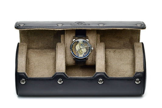 Luxury 3 watch roll in sable black Saffiano leather with suede interior and sliding watch cushions for Rolex, Omega, Tudor, Seiko, and luxury watches.