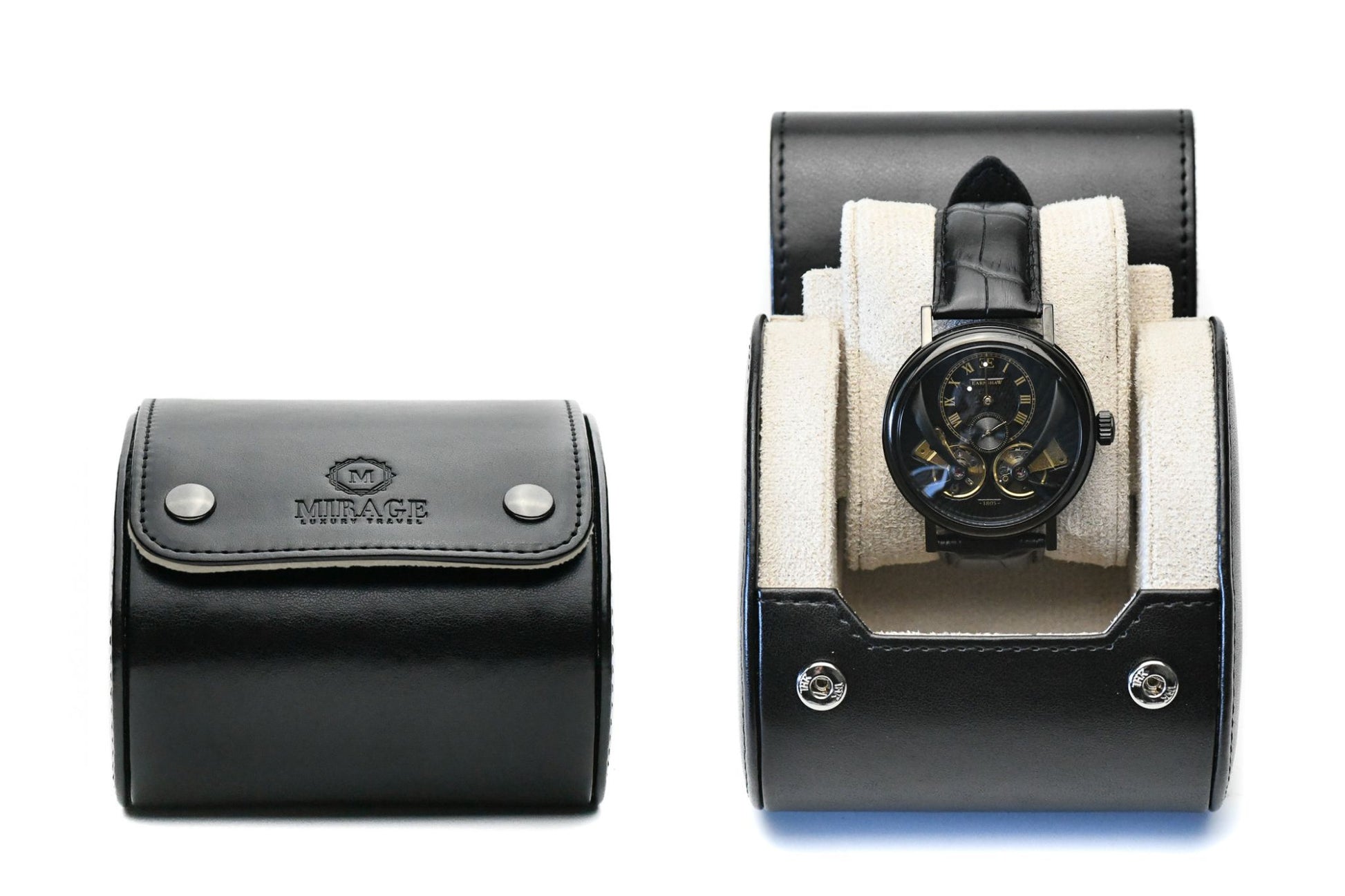 Mirage Luxury Travel Signature Collection 1 watch roll crafted from Jade Black vegan leather with an elegant Ivory White suede-lined interior.

