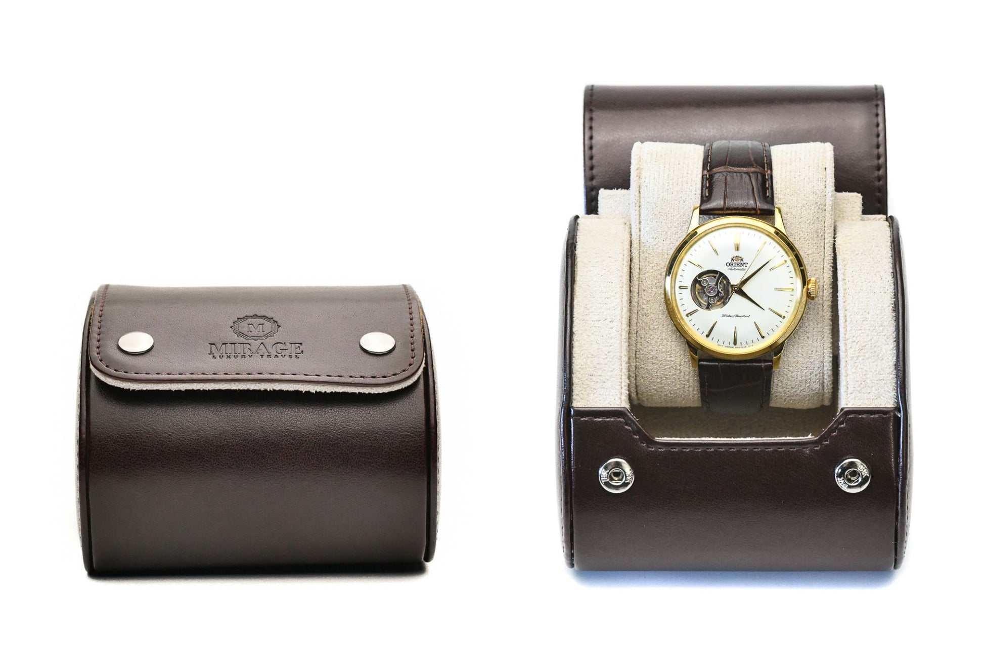 Mirage Luxury Travel Signature Collection Espresso Brown premium vegan leather 1-watch roll featuring an Ivory White premium suede-lined interior, secure sliding watch cushion, and elegant protection for luxury watches.
