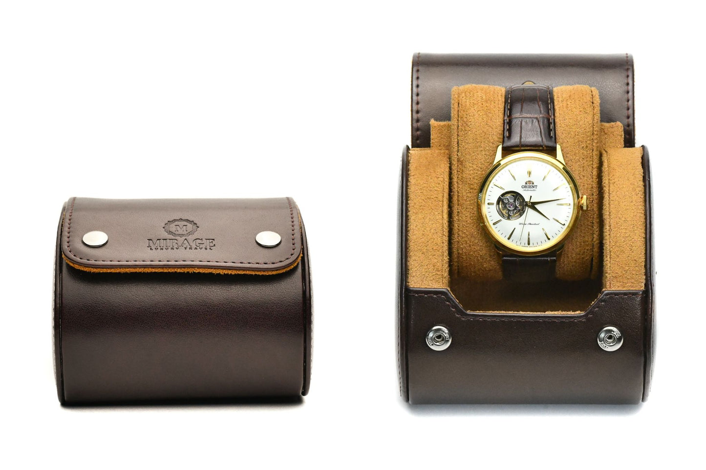 Mirage Luxury Travel Signature Collection Espresso Brown premium vegan leather 1-watch roll featuring a luxuriously soft premium suede-lined interior and secure sliding watch cushion for elegant watch protection.