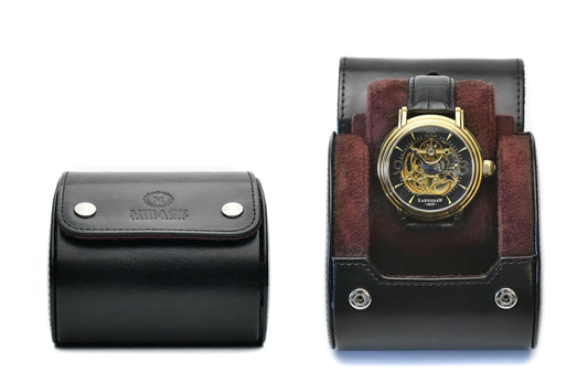 Mirage Luxury Travel Signature Collection Jade Black premium vegan leather 1-watch roll featuring a luxuriously soft premium suede-lined interior, secure sliding watch cushion, and elegant travel protection for luxury watches.