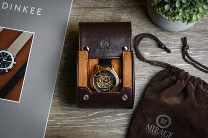 Mirage Luxury Travel Signature Collection Espresso Brown 1-watch roll with premium gift-ready packaging, microfiber cloth, and soft-touch velvet travel bag.