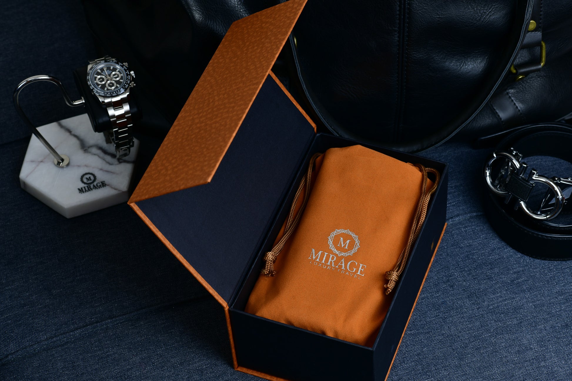 Mirage Luxury Travel 2 watch roll presented in premium gift-ready packaging with velvet travel bag.