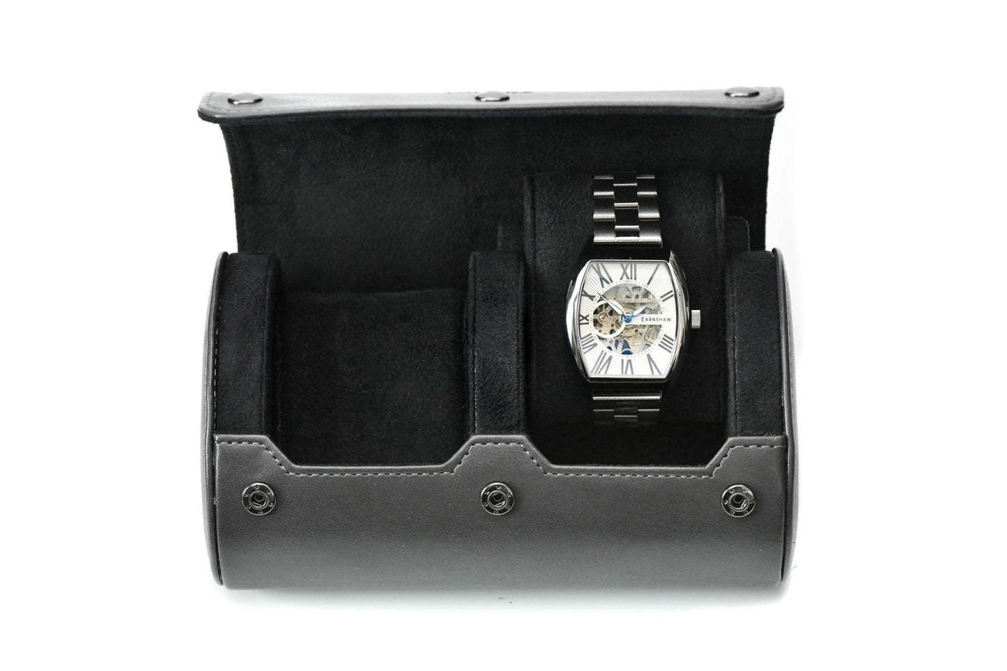 Slate Gray vegan leather 2 watch roll with soft suede interior for Rolex, Omega, Tudor, Seiko, Cartier, and luxury watch travel.