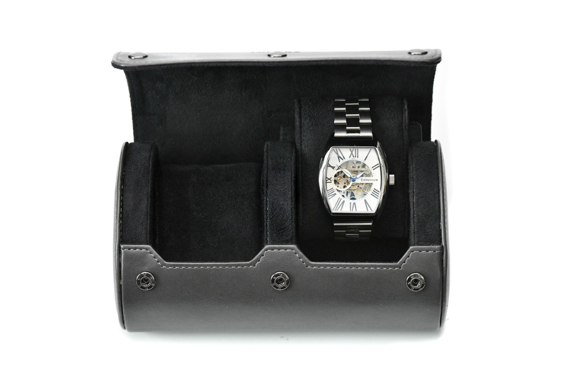 Slate Gray vegan leather 2 watch roll with soft suede interior for Rolex, Omega, Tudor, Seiko, Cartier, and luxury watch travel.
