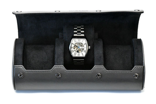 Slate Gray premium vegan leather 3 watch roll with soft suede interior for Rolex Omega Tudor Seiko luxury watch storage