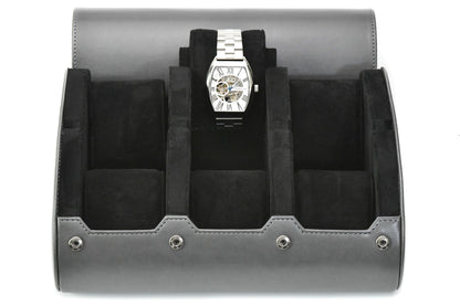 Slate Gray premium vegan leather 6 watch roll with soft suede interior for Rolex Omega Tudor Seiko Breitling Panerai luxury watch storage