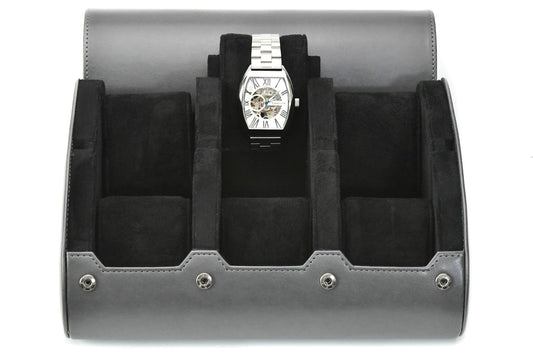 Slate Gray premium vegan leather 6 watch roll with soft suede interior for Rolex Omega Tudor Seiko Breitling Panerai luxury watch storage