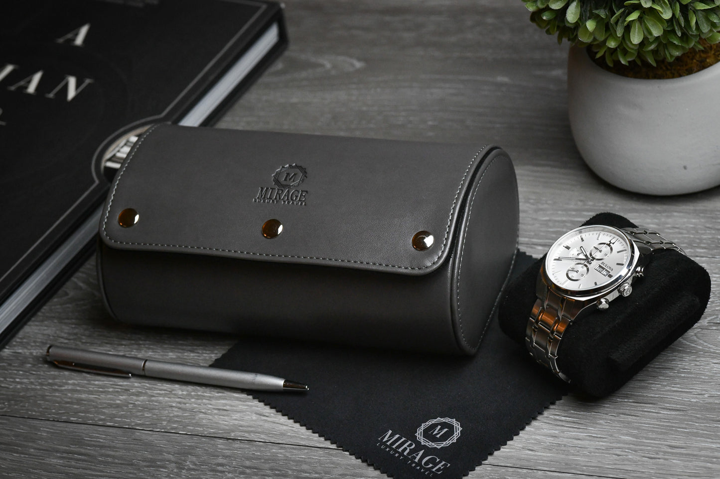 Closed Slate Gray vegan leather 2 watch roll showcasing refined craftsmanship and luxury watch protection.