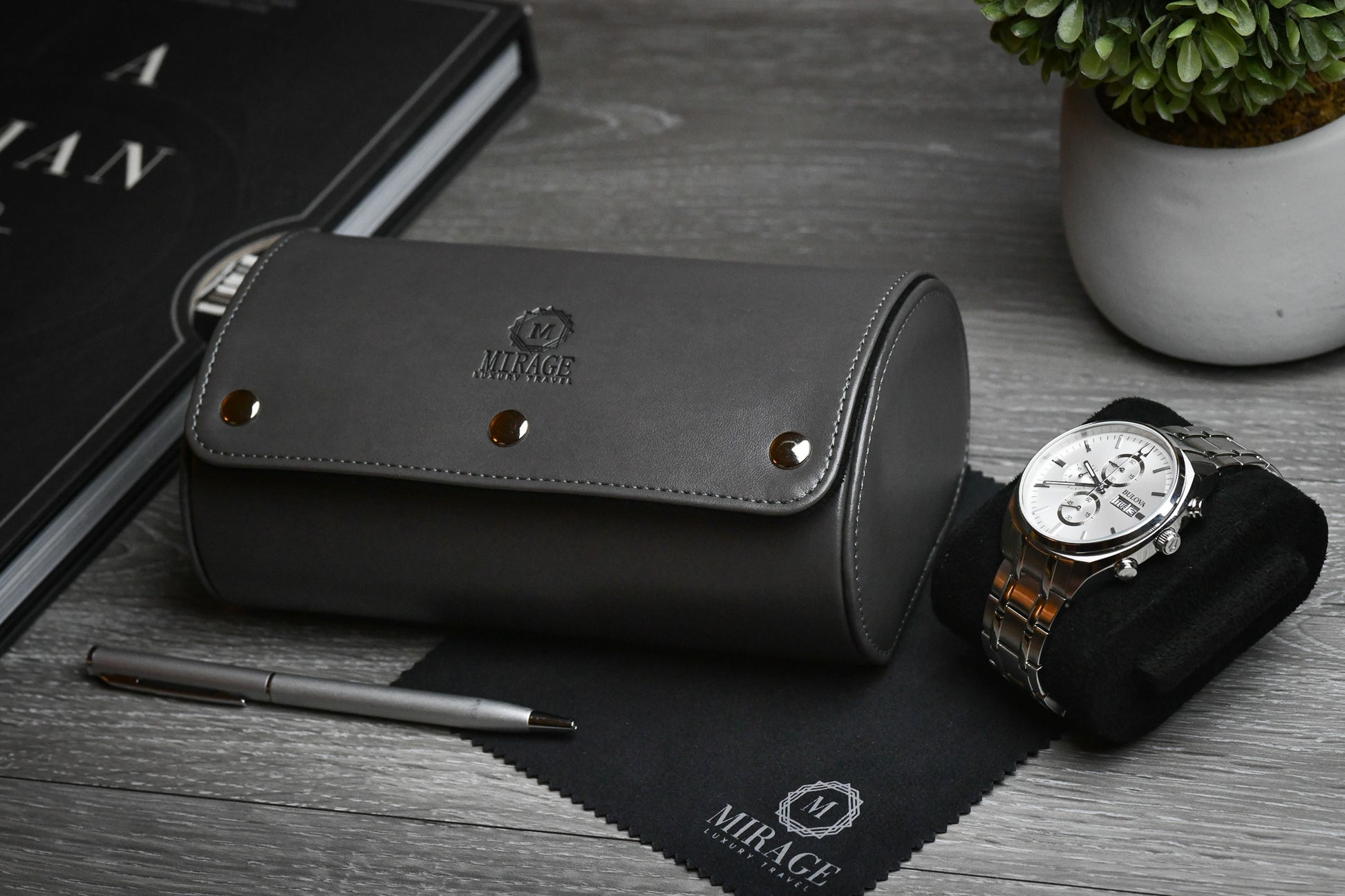 Closed Slate Gray vegan leather 2 watch roll showcasing refined craftsmanship and luxury watch protection.