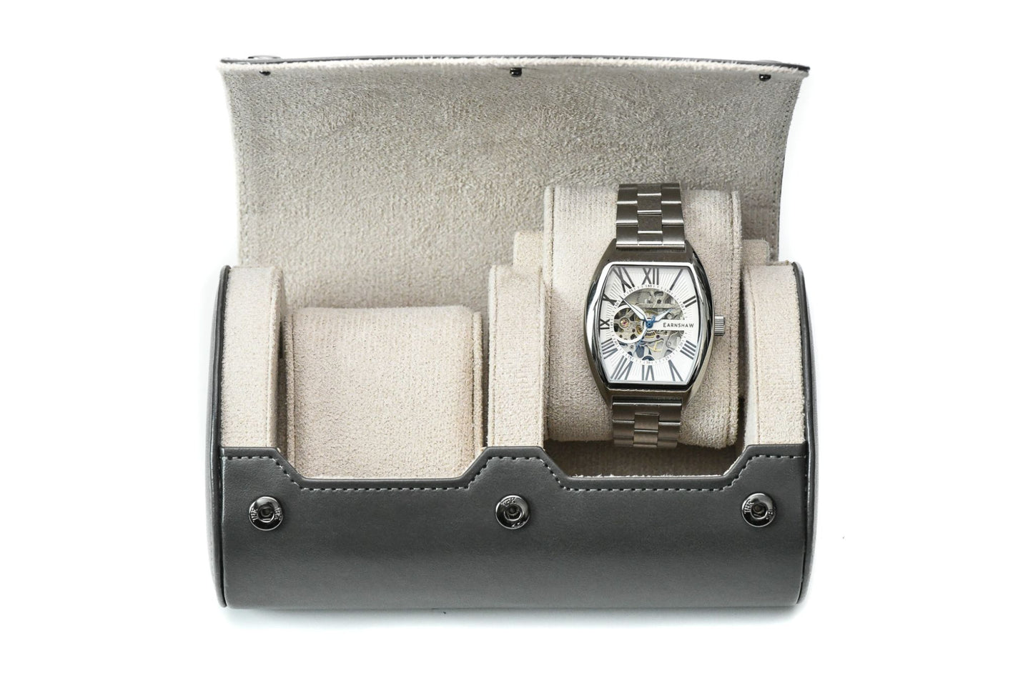 Slate Gray vegan leather 2 watch roll with elegant ivory white suede interior for Rolex, Omega, Tudor, Seiko, Cartier, and luxury watch travel.