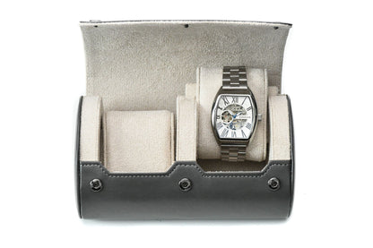 Slate Gray vegan leather 2 watch roll with elegant ivory white suede interior for Rolex, Omega, Tudor, Seiko, Cartier, and luxury watch travel.