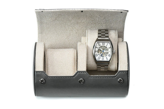 Slate Gray vegan leather 2 watch roll with elegant ivory white suede interior for Rolex, Omega, Tudor, Seiko, Cartier, and luxury watch travel.