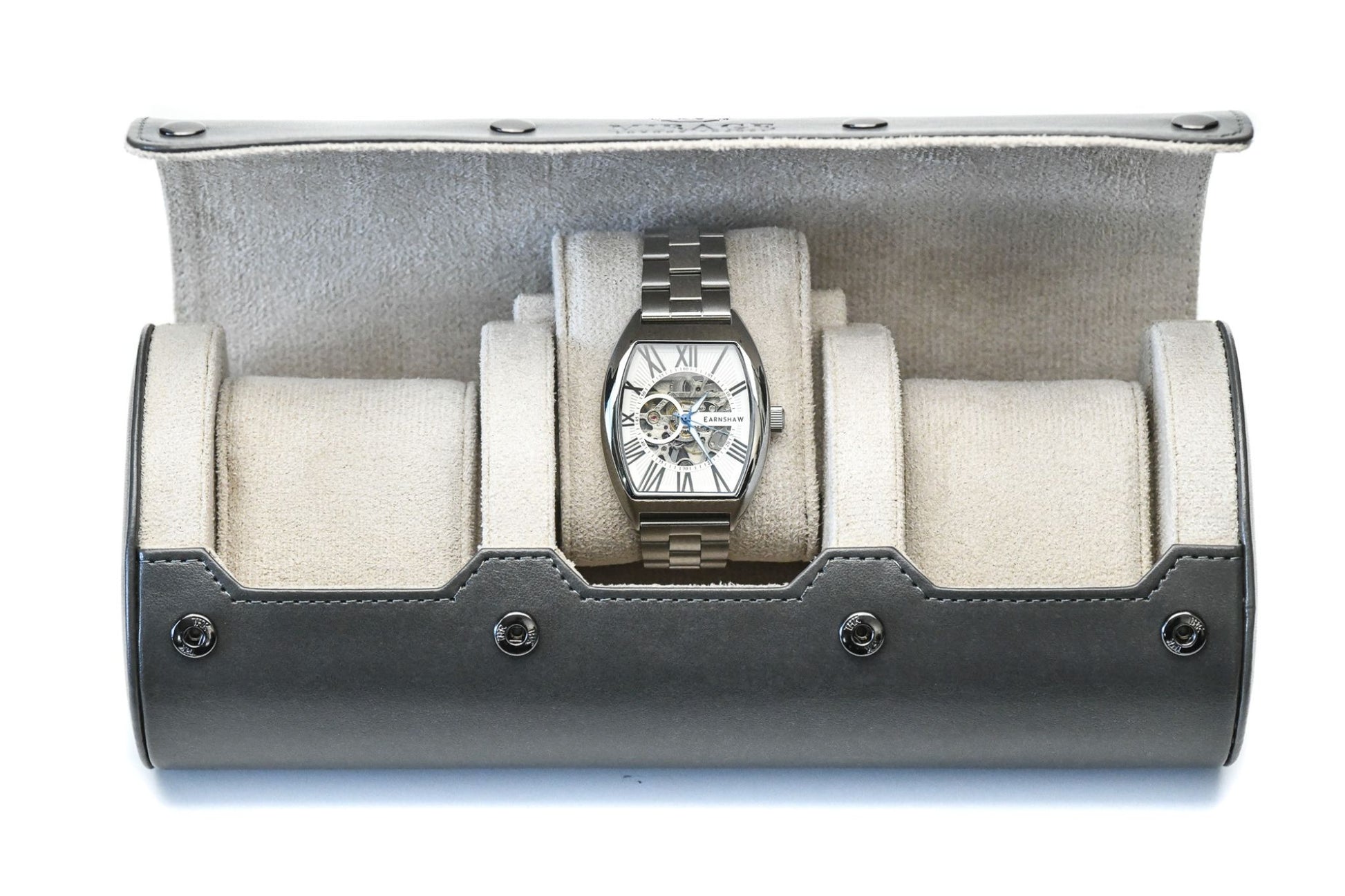 Slate Gray premium vegan leather 3 watch roll with ivory white suede interior for Rolex Omega Tudor Seiko luxury watch storage