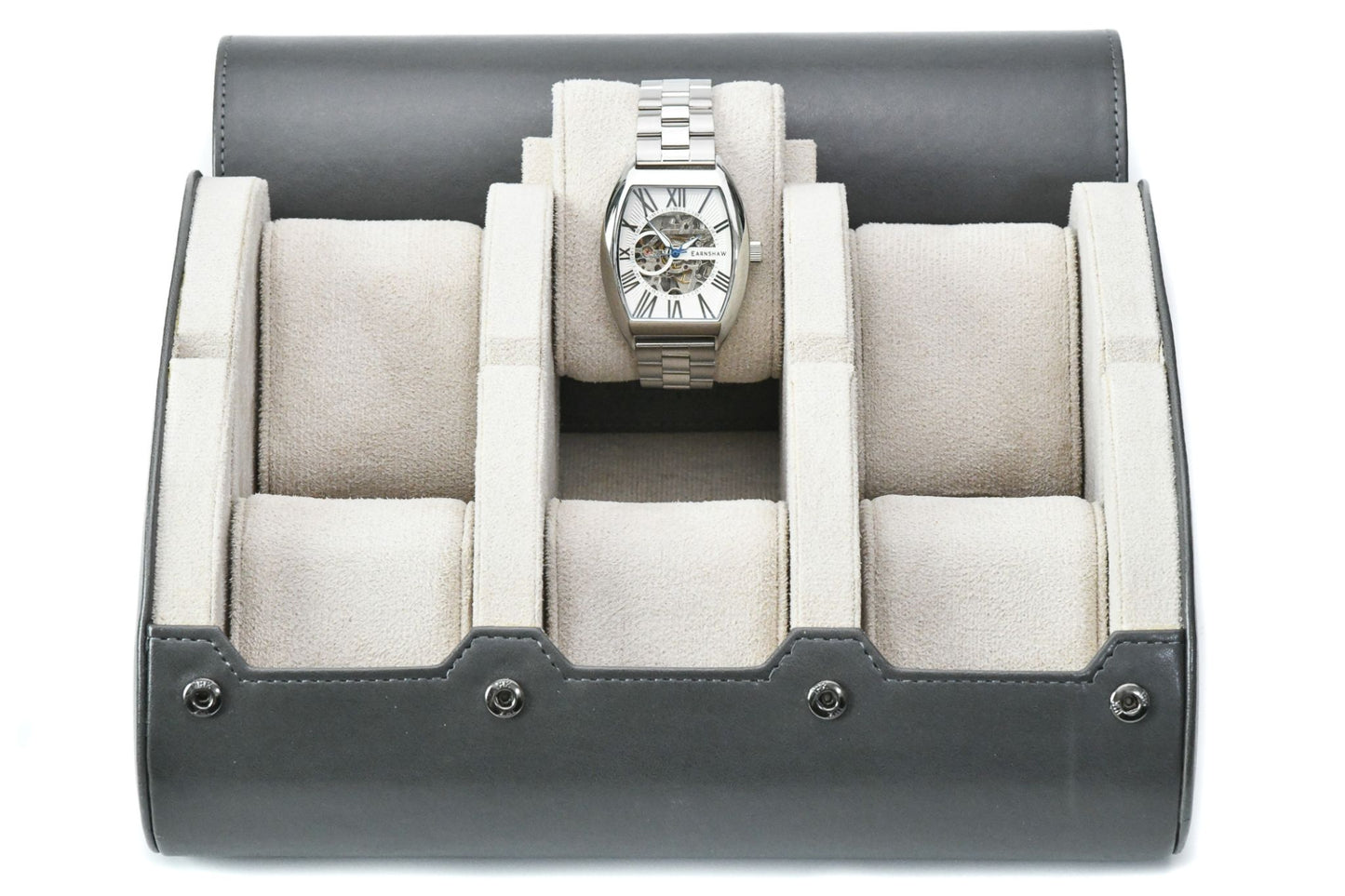 Slate Gray premium vegan leather 6 watch roll with ivory white suede interior for Rolex Omega Tudor Seiko Breitling Panerai luxury watch storage