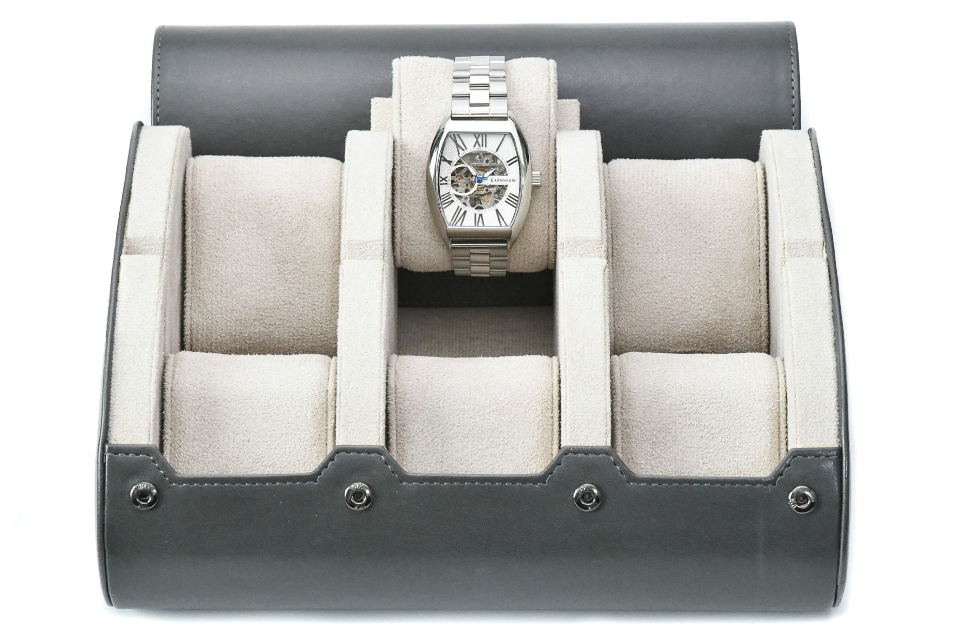 Slate Gray premium vegan leather 6 watch roll with ivory white suede interior for Rolex Omega Tudor Seiko Breitling Panerai luxury watch storage
