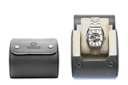 Slate Gray vegan leather 1 watch roll with ivory white suede interior for luxury watch storage and travel.

