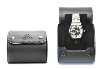 Slate Gray vegan leather 1 watch roll with plush suede interior for luxury watch storage and travel.