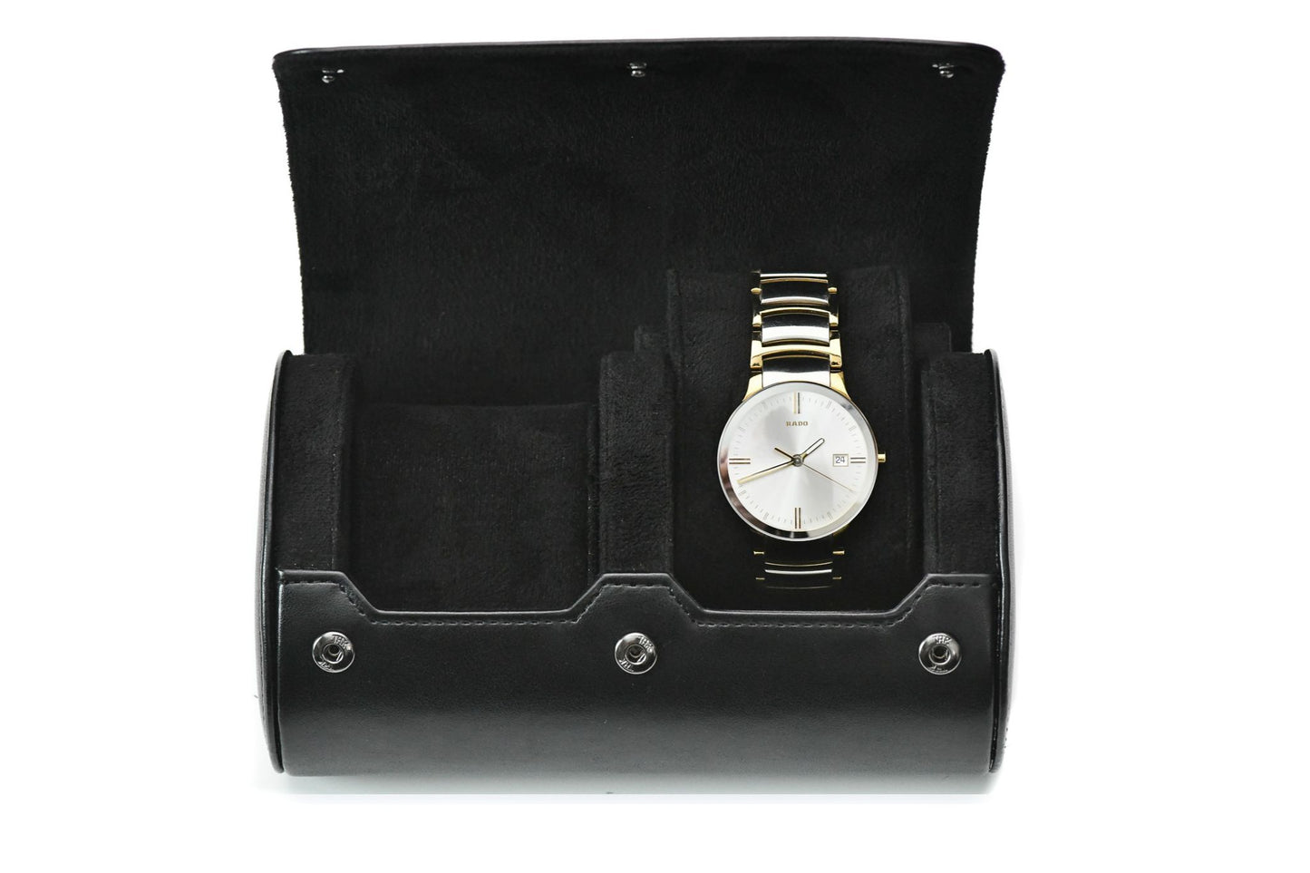 Super Black vegan leather 2 watch roll with soft suede interior for Rolex, Omega, Tudor, Seiko, Cartier, and luxury watch travel.