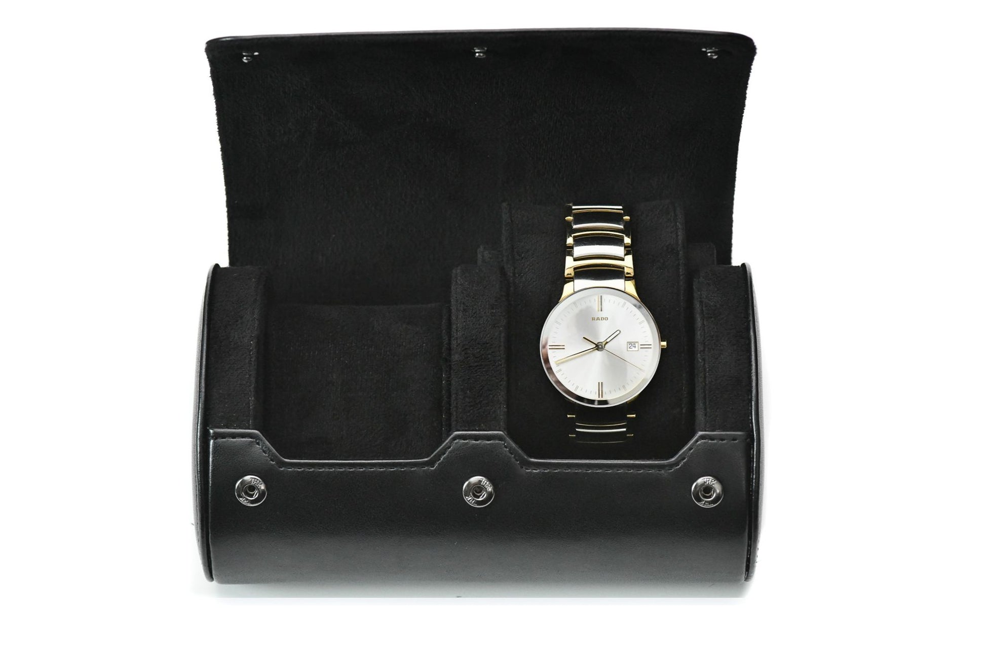 Super Black vegan leather 2 watch roll with soft suede interior for Rolex, Omega, Tudor, Seiko, Cartier, and luxury watch travel.