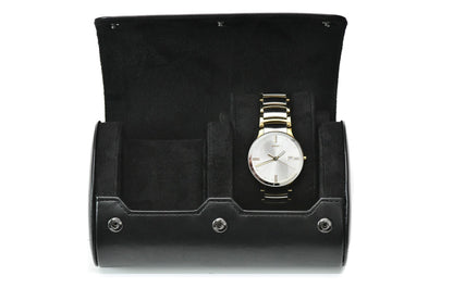 Super Black vegan leather 2 watch roll with soft suede interior for Rolex, Omega, Tudor, Seiko, Cartier, and luxury watch travel.