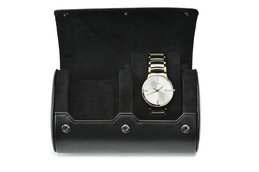 Super Black vegan leather 2 watch roll with soft suede interior for Rolex, Omega, Tudor, Seiko, Cartier, and luxury watch travel.