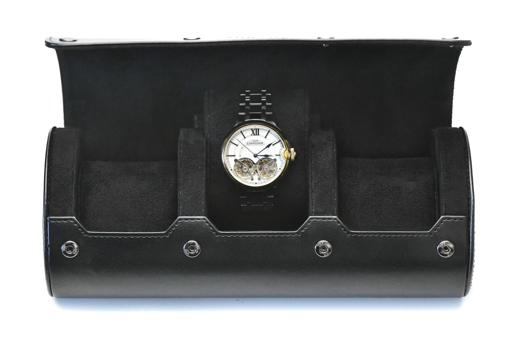 Super Black premium vegan leather 3 watch roll with soft suede interior for Rolex Omega Tudor Seiko luxury watch storage