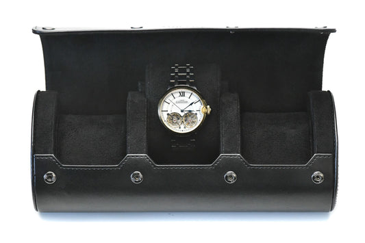 Super Black premium vegan leather 3 watch roll with soft suede interior for Rolex Omega Tudor Seiko luxury watch storage