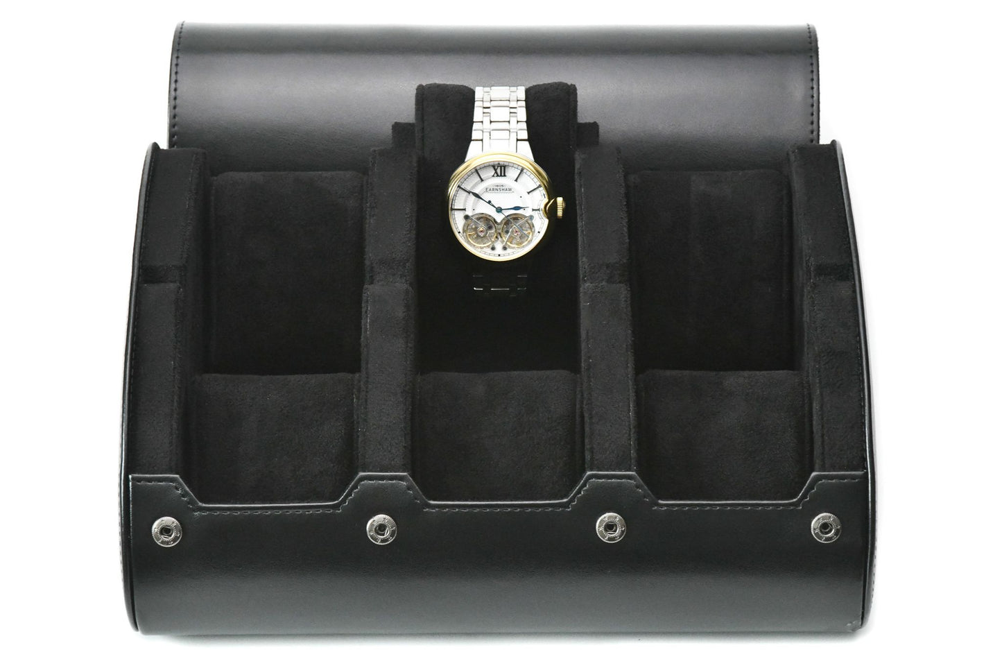 Super Black premium vegan leather 6 watch roll with plush suede interior for Rolex Omega Tudor Breitling Seiko Panerai luxury watch storage