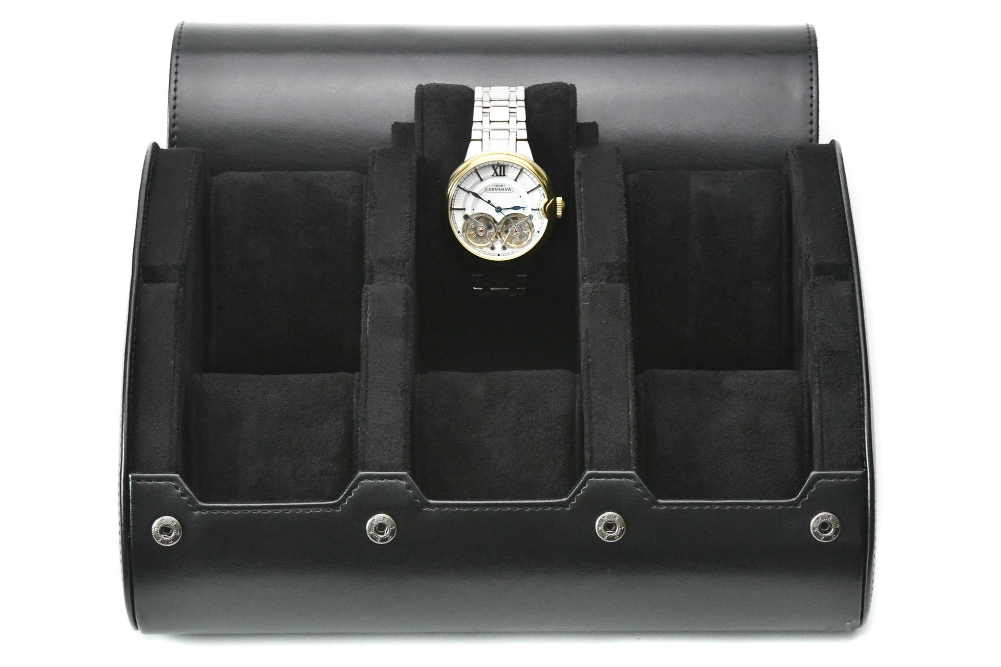 Super Black premium vegan leather 6 watch roll with plush suede interior for Rolex Omega Tudor Breitling Seiko Panerai luxury watch storage