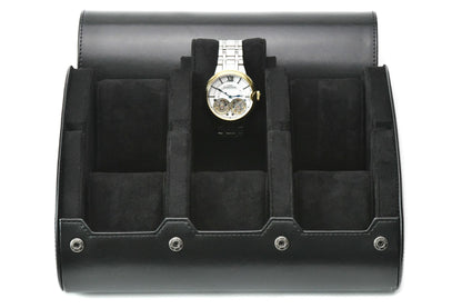 Super Black premium vegan leather 6 watch roll with plush suede interior for Rolex Omega Tudor Breitling Seiko Panerai luxury watch storage