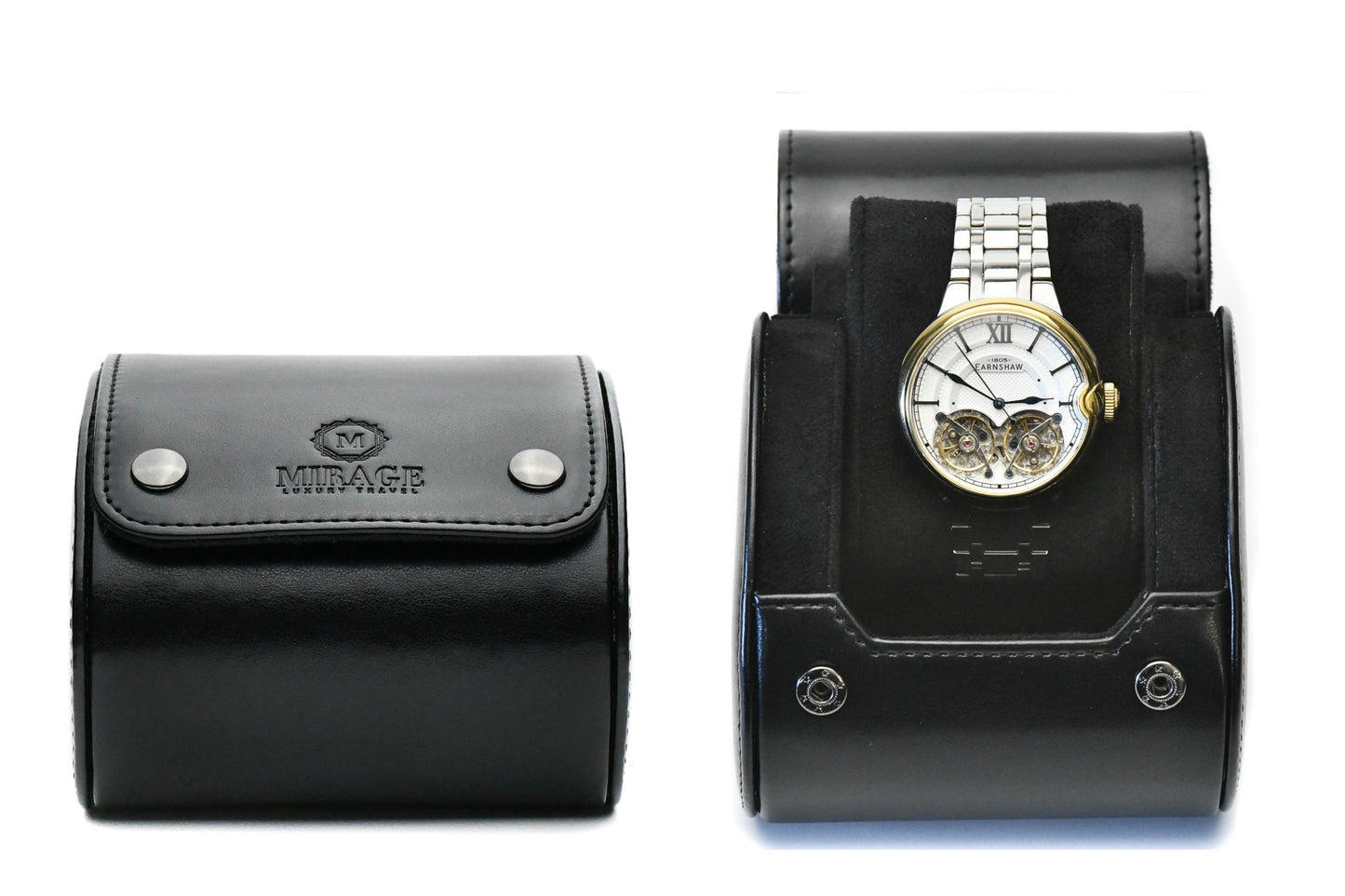 Super Black vegan leather 1 watch roll with plush suede interior for luxury watch storage and travel.