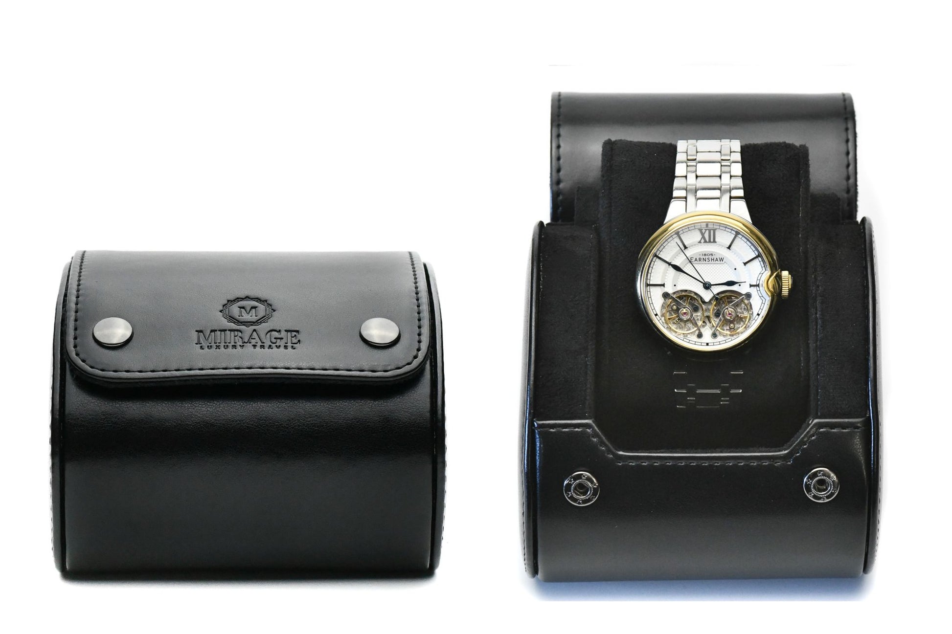 Super Black vegan leather 1 watch roll with plush suede interior for luxury watch storage and travel.