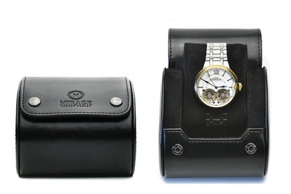 Super Black vegan leather 1 watch roll with plush suede interior for luxury watch storage and travel.