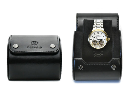 Super Black vegan leather 1 watch roll with plush suede interior for luxury watch storage and travel.