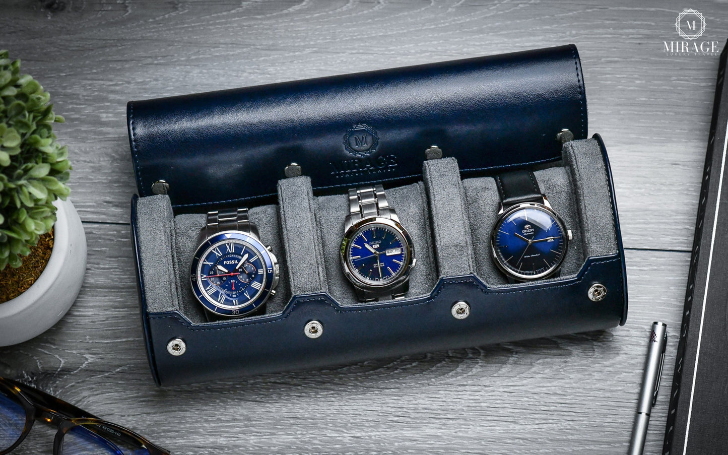 Premium Midnight Blue vegan leather 3 watch organizer displaying luxury watches with gray suede lining