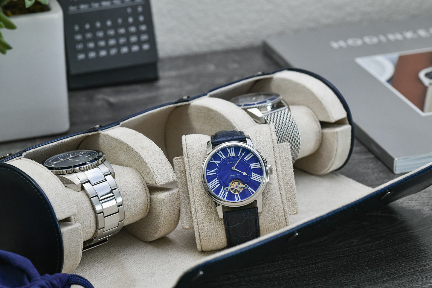 Midnight Blue luxury vegan leather 3 watch roll protecting Rolex Omega and Tudor watches during travel