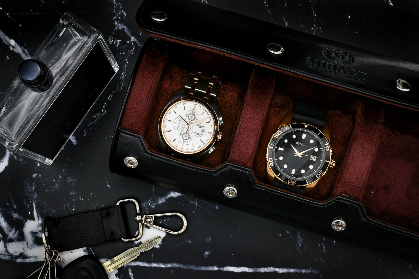 Close-up of Jade Black 3 watch organizer with soft suede lining and sliding watch cushions