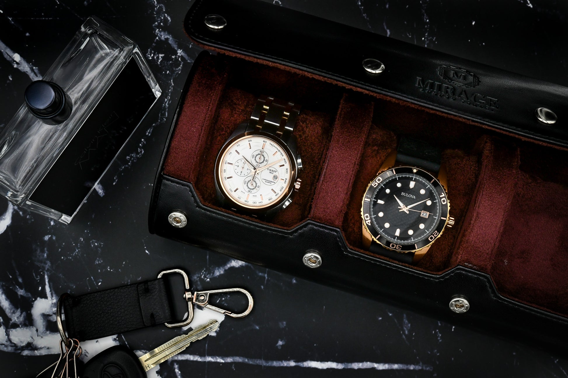 Close-up of Jade Black 3 watch organizer with soft suede lining and sliding watch cushions