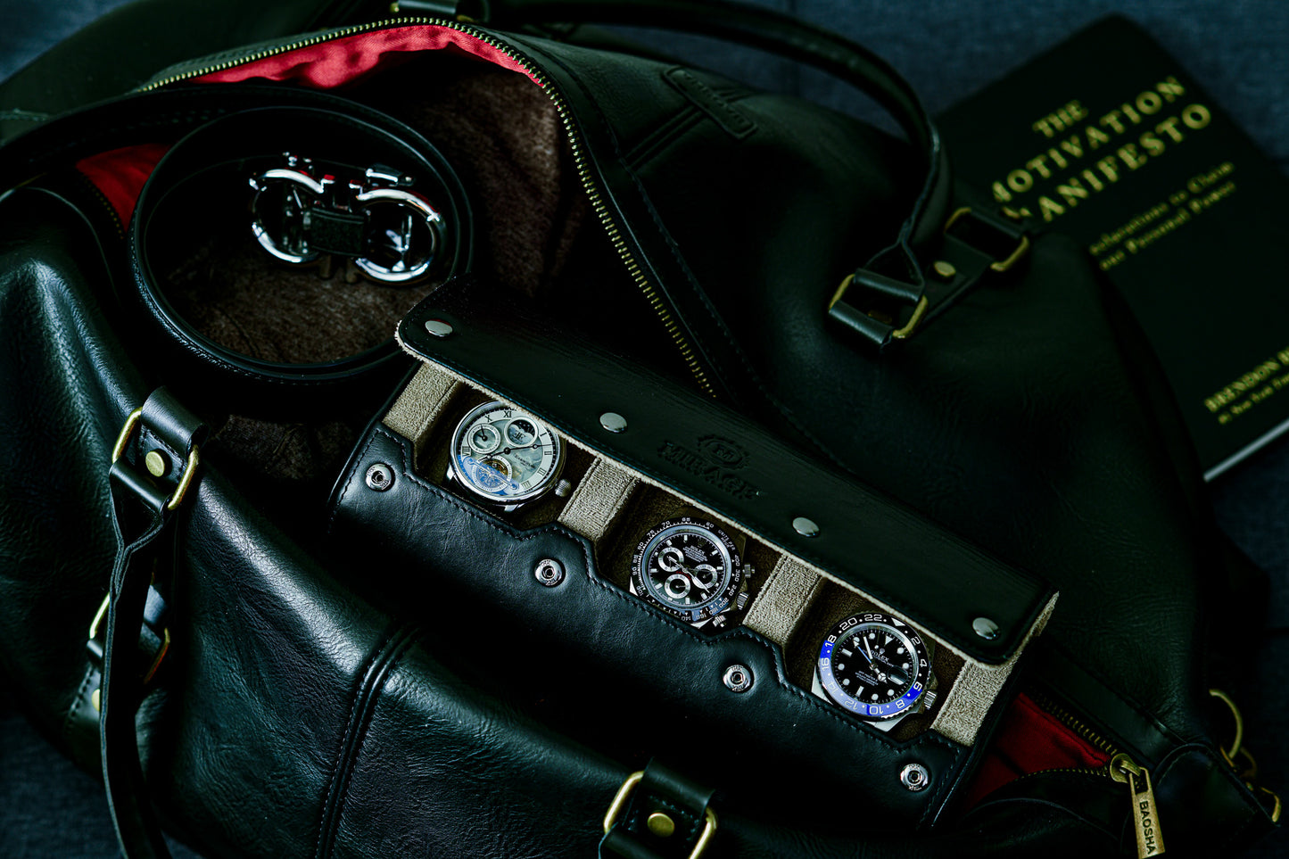 Luxury 3 watch travel case stored inside a leather duffel bag for secure travel with luxury watches.