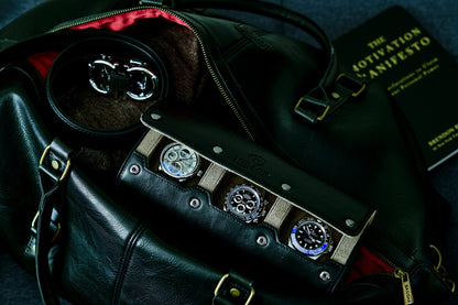 Luxury 3 watch travel case stored inside a leather duffel bag for secure travel with luxury watches.