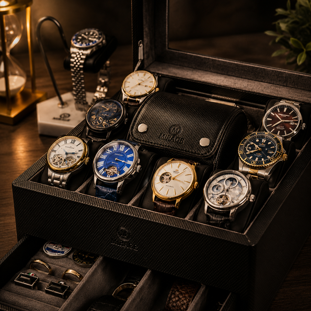 A luxury watch display case filled with multiple wristwatches in gold, silver, and blue tones, with a black leather pouch and watch accessories visible inside. The brand name 'IMAGE' is embossed on the black textured case and the leather pouch.