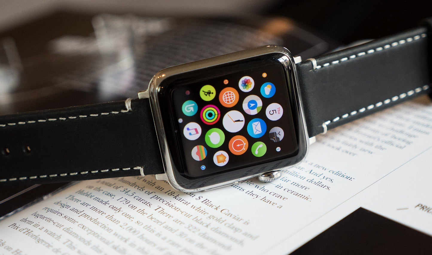 Apple Black Leather White Stitching Watch Band