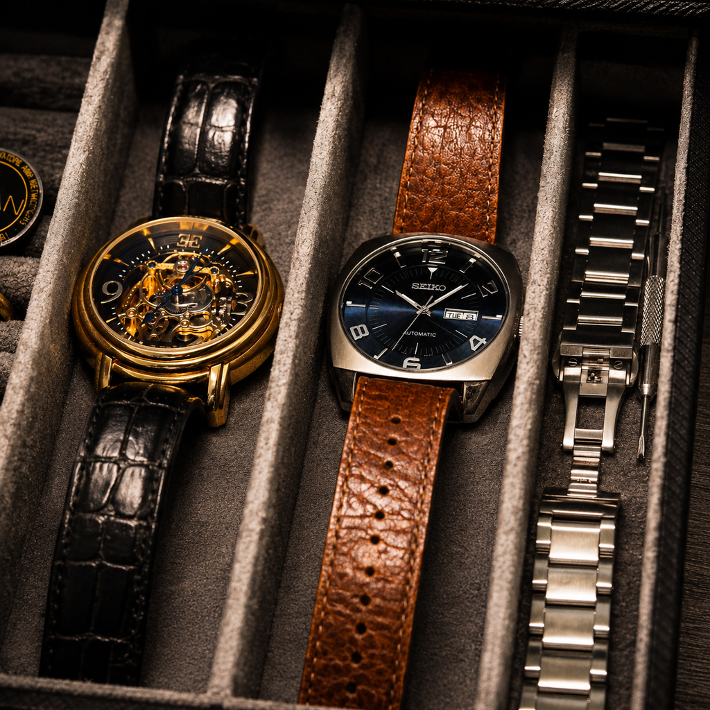 Three luxury wristwatches displayed side-by-side in a gray watch box. The left watch has a gold case with a black skeleton dial and a black crocodile-embossed strap.