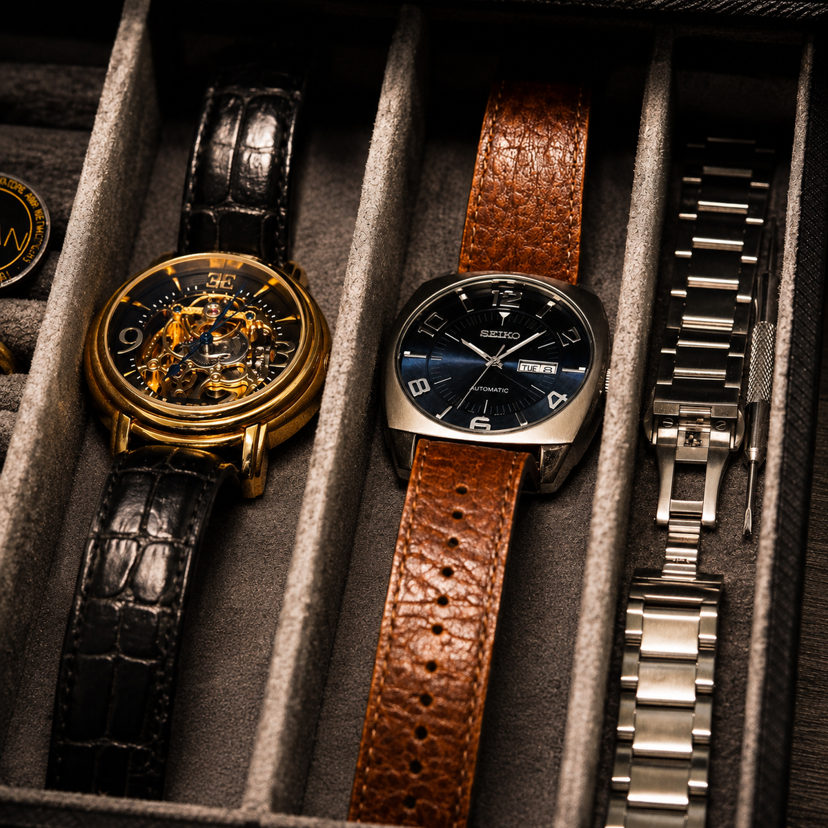 Three luxury wristwatches displayed side-by-side in a gray watch box. The left watch has a gold case with a black skeleton dial and a black crocodile-embossed strap.