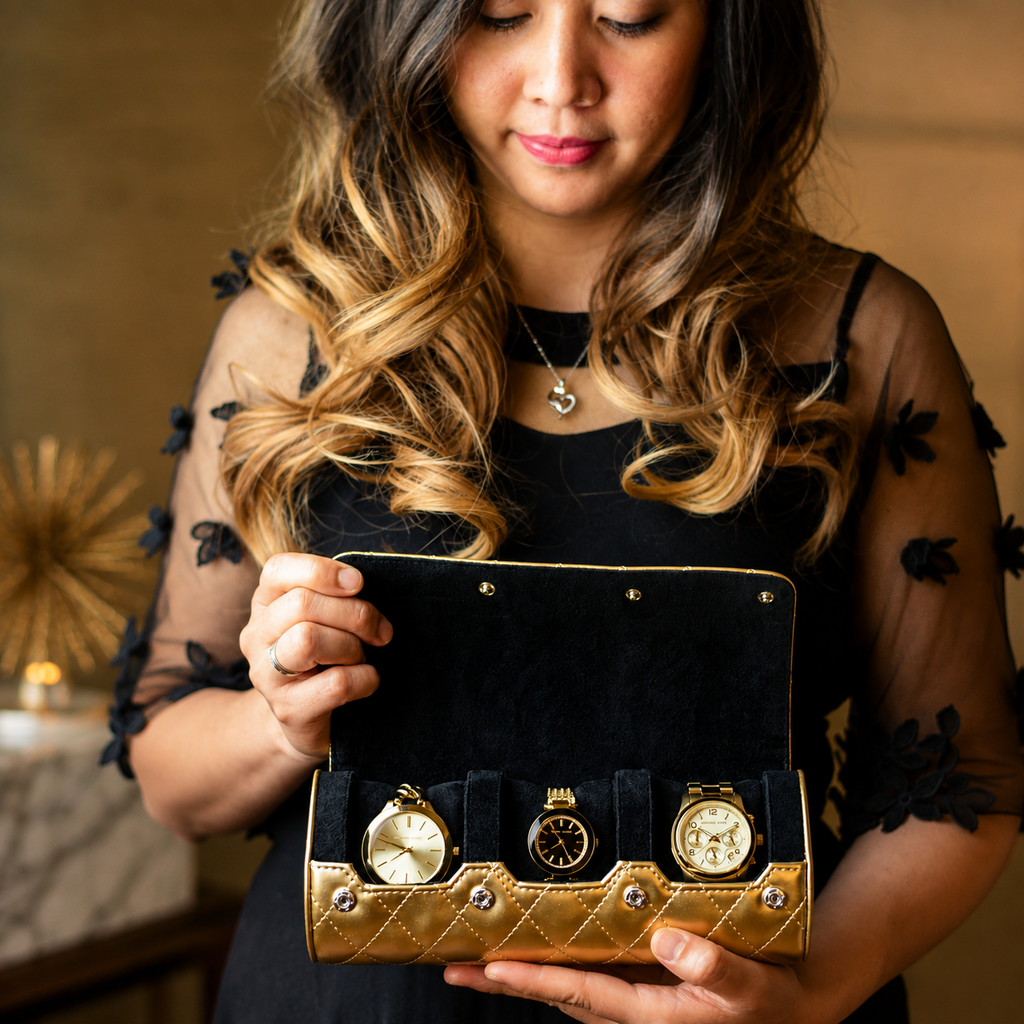 La cassa Mirage Royal Gold da 3 orologi da donna