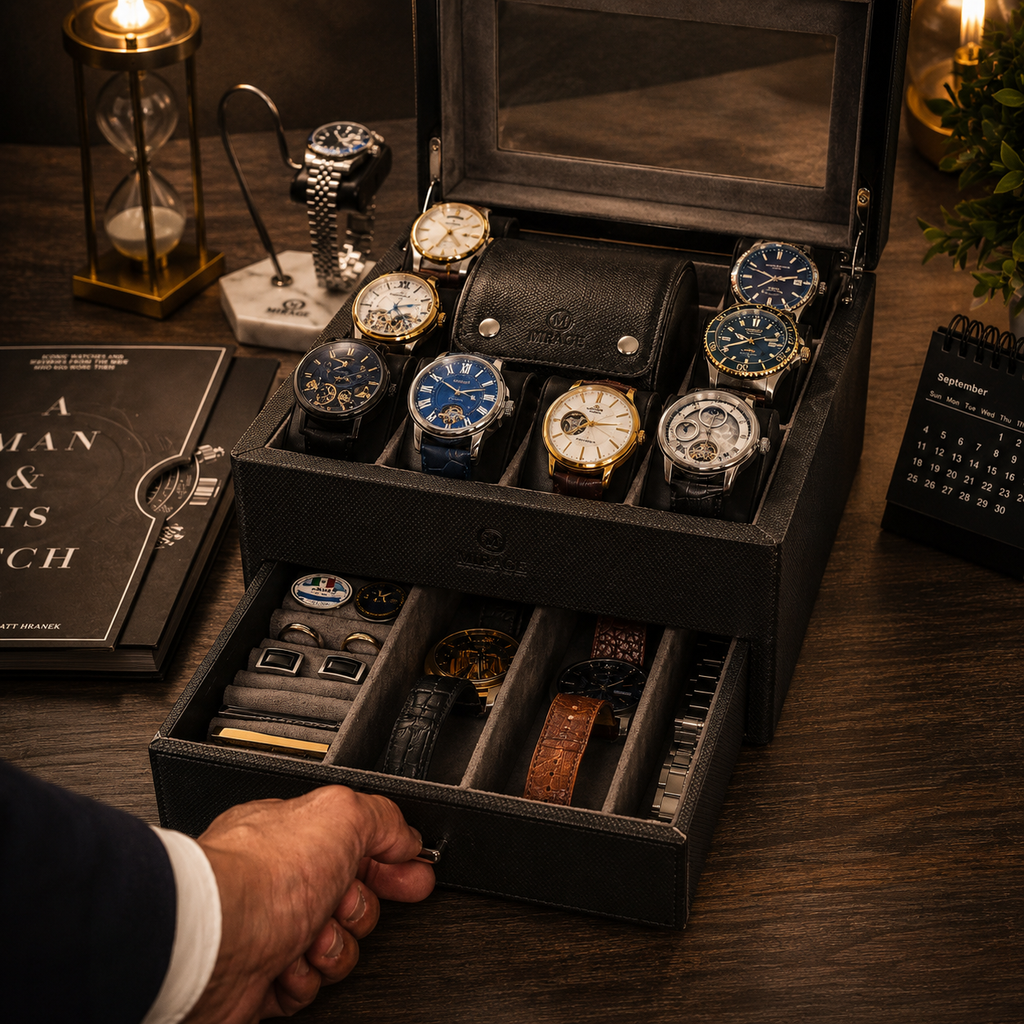 A luxury watch and accessory organizer box in black textured leather, shown open on a wooden desk. The top compartment holds multiple wristwatches in gold, silver, and blue cases, while the open bottom drawer contains folded dress shirts, cufflinks, and other accessories.